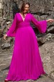 A Linie Tief V Hals Dunkel Fuchsia Plus Größe Ballkleid mit langen Ärmeln