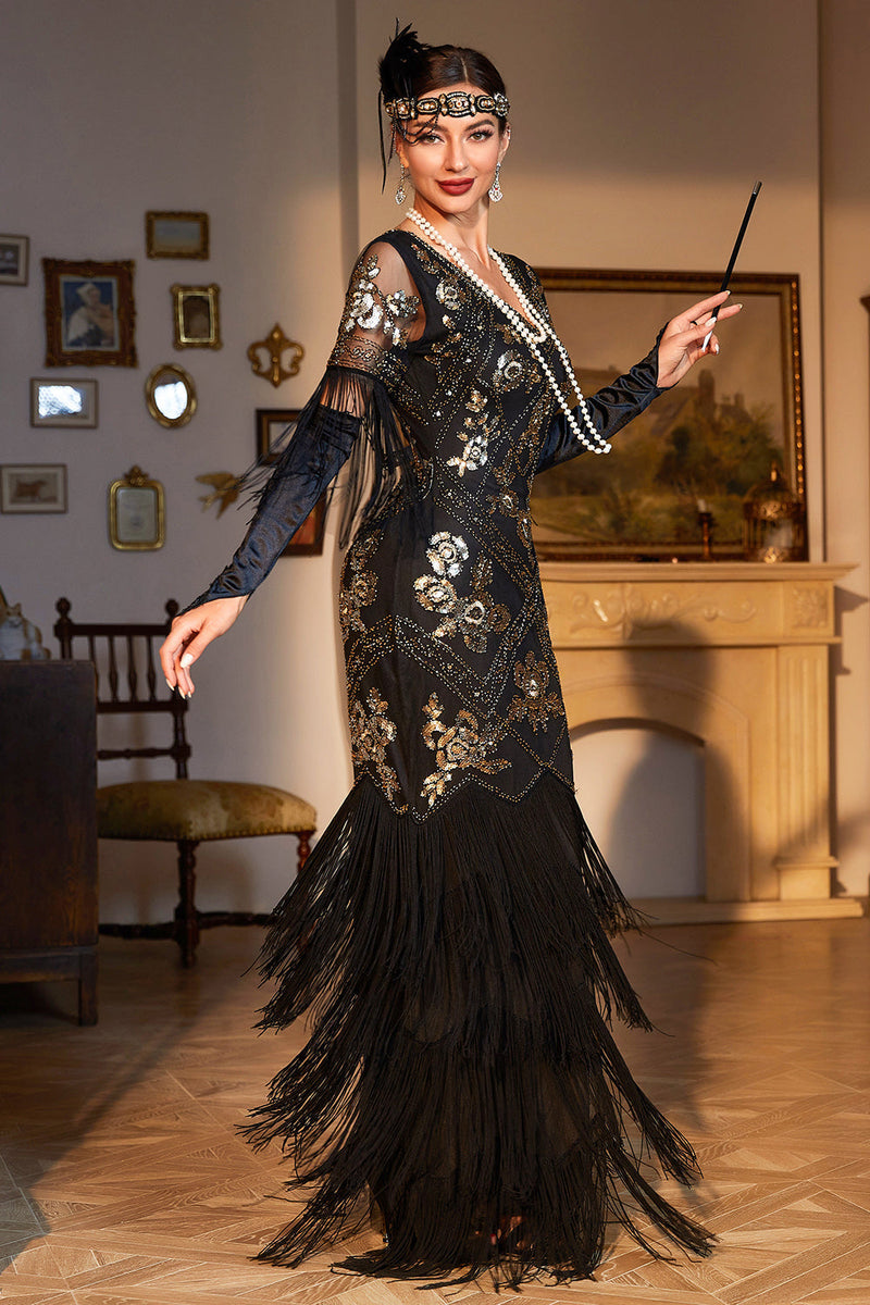 Laden Sie das Bild in den Galerie-Viewer, Etui V-Ausschnitt Dunkelgrünes Pailletten Langes 1920er Jahre Flapper Kleid mit Fransen