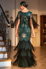 Laden Sie das Bild in den Galerie-Viewer, Etui V-Ausschnitt Dunkelgrünes Pailletten Langes 1920er Jahre Flapper Kleid mit Fransen