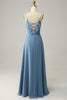 Laden Sie das Bild in den Galerie-Viewer, A-Linie Spaghetti-Träger Grau Blau Langes Brautjungfernkleid mit Rüschen