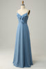 Laden Sie das Bild in den Galerie-Viewer, A-Linie Spaghetti-Träger Grau Blau Langes Brautjungfernkleid mit Rüschen