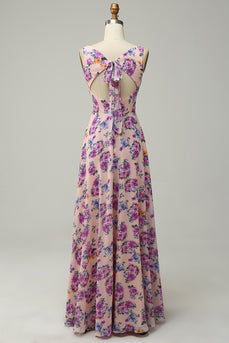 A-Linie Quadratischer Ausschnitt Rosa Floral Bedrucktes Langes Brautjungfernkleid mit offenem Rücken