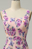 Laden Sie das Bild in den Galerie-Viewer, A-Linie Quadratischer Ausschnitt Rosa Floral Bedrucktes Langes Brautjungfernkleid mit offenem Rücken