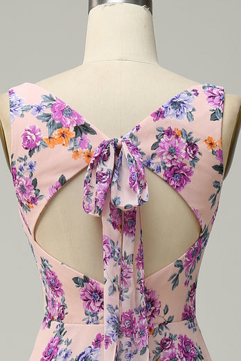 A-Linie Quadratischer Ausschnitt Rosa Floral Bedrucktes Langes Brautjungfernkleid mit offenem Rücken