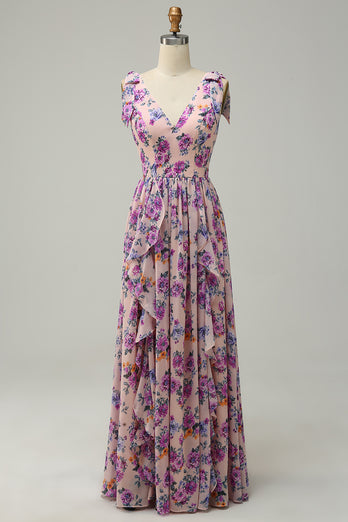 A-Linie V-Ausschnitt Rosa Floral Bedrucktes Langes Brautjungfernkleid
