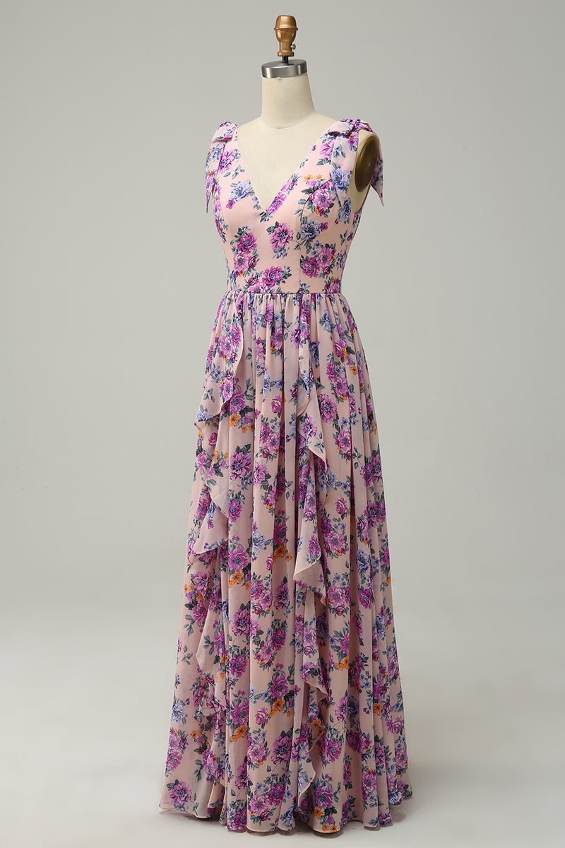 Laden Sie das Bild in den Galerie-Viewer, A-Linie V-Ausschnitt Rosa Floral Bedrucktes Langes Brautjungfernkleid