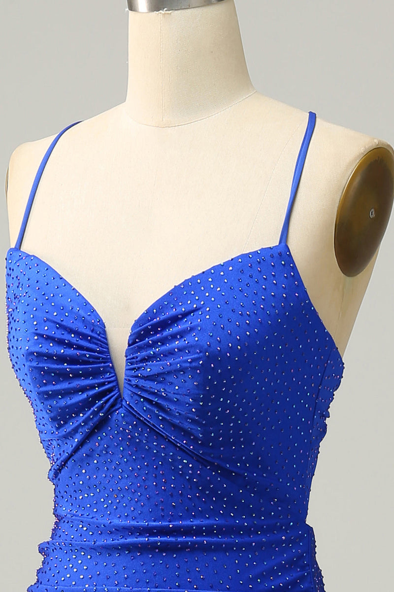 Laden Sie das Bild in den Galerie-Viewer, Meerjungfrau Spaghetti-Träger Königsblau Langes Ballkleid mit Perlen
