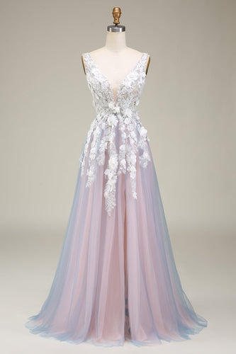Wunderschönes A-Line-Kleid mit tiefem V-Ausschnitt und grauem rosa langem Ballkleid mit Applikationen