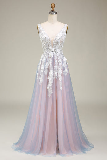 Wunderschönes A-Line-Kleid mit tiefem V-Ausschnitt und grauem rosa langem Ballkleid mit Applikationen