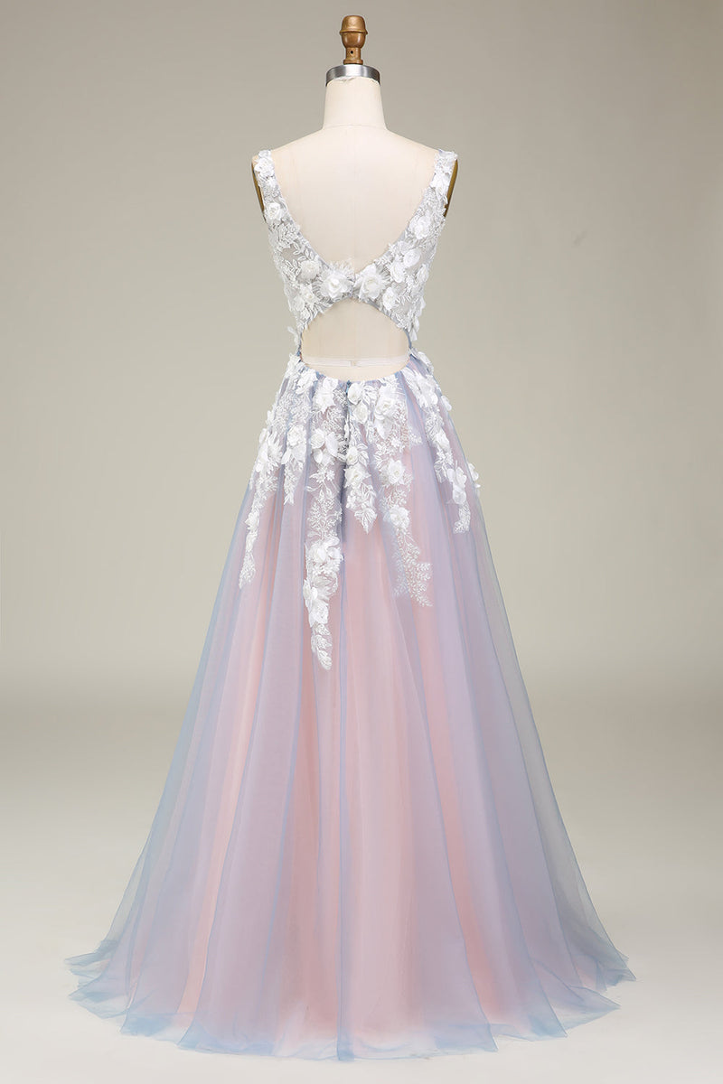 Laden Sie das Bild in den Galerie-Viewer, Wunderschönes A-Line-Kleid mit tiefem V-Ausschnitt und grauem rosa langem Ballkleid mit Applikationen