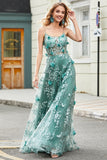 Grünes Spaghettiträger-Ballkleid in A-Linie mit Applikationen