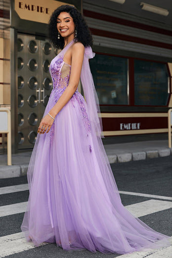 Wunderschönes A-Linien-Neckholder-Kleid aus grauem lila Korsett mit Applikationen