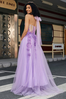 Wunderschönes A-Linien-Neckholder-Kleid aus grauem lila Korsett mit Applikationen