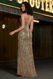 Sparkly Mermaid Goldenes langes Fransen-Ballkleid mit Schlitz