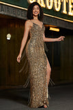 Sparkly Mermaid Goldenes langes Fransen-Ballkleid mit Schlitz