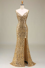 Sparkly Mermaid Goldenes langes Ballkleid mit Schlitz