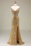 Sparkly Mermaid Goldenes langes Ballkleid mit Schlitz