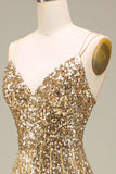 Sparkly Mermaid Goldenes langes Ballkleid mit Schlitz