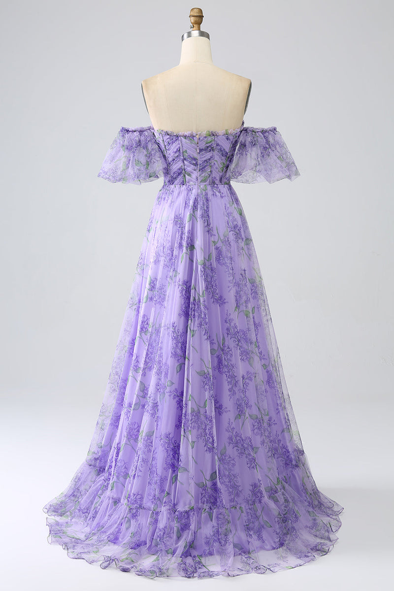 Laden Sie das Bild in den Galerie-Viewer, Bedrucktes schulterfreies Lavendel-Ballkleid in A-Linie mit abnehmbaren Ärmeln