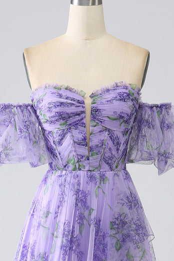 Bedrucktes schulterfreies Lavendel-Ballkleid in A-Linie mit abnehmbaren Ärmeln
