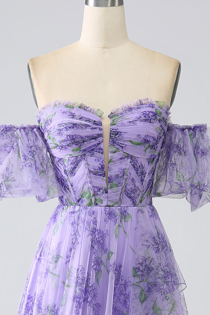 Laden Sie das Bild in den Galerie-Viewer, Bedrucktes schulterfreies Lavendel-Ballkleid in A-Linie mit abnehmbaren Ärmeln
