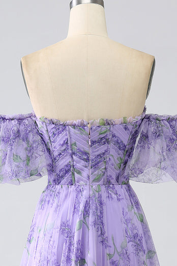 Bedrucktes schulterfreies Lavendel-Ballkleid in A-Linie mit abnehmbaren Ärmeln
