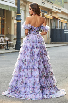 Wunderschönes schulterfreies langes Abschlussballkleid mit Lavendel-Print und Rüschen
