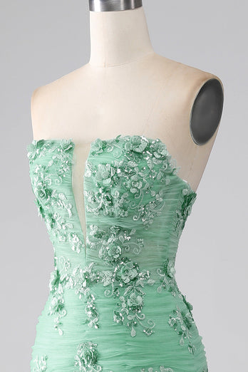 Grünes meerjungfrauen-trägerloses Tüllkleid für den langen Abschlussball mit Applikationen