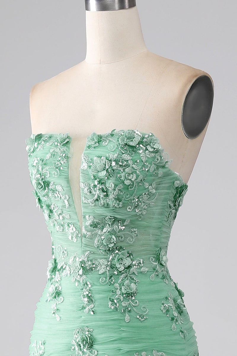 Laden Sie das Bild in den Galerie-Viewer, Grünes meerjungfrauen-trägerloses Tüllkleid für den langen Abschlussball mit Applikationen