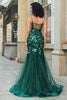 Laden Sie das Bild in den Galerie-Viewer, Atemberaubendes Meerjungfrauen-Spaghettiträger-Kleid Dunkelgrünes langes Ballkleid mit Applikationen