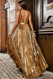 Atemberaubendes goldenes langes Ballkleid in A-Linie mit V-Ausschnitt und Schlitz vorne