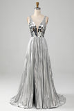 Glitzerndes A-Linien-Ballkleid mit V-Ausschnitt und silbernem Spiegel und Schlitz