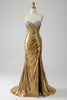 Laden Sie das Bild in den Galerie-Viewer, Goldenes Meerjungfrau trägerloses langes Ballkleid mit Schlitz