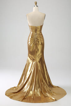 Goldenes Meerjungfrau trägerloses langes Ballkleid mit Schlitz