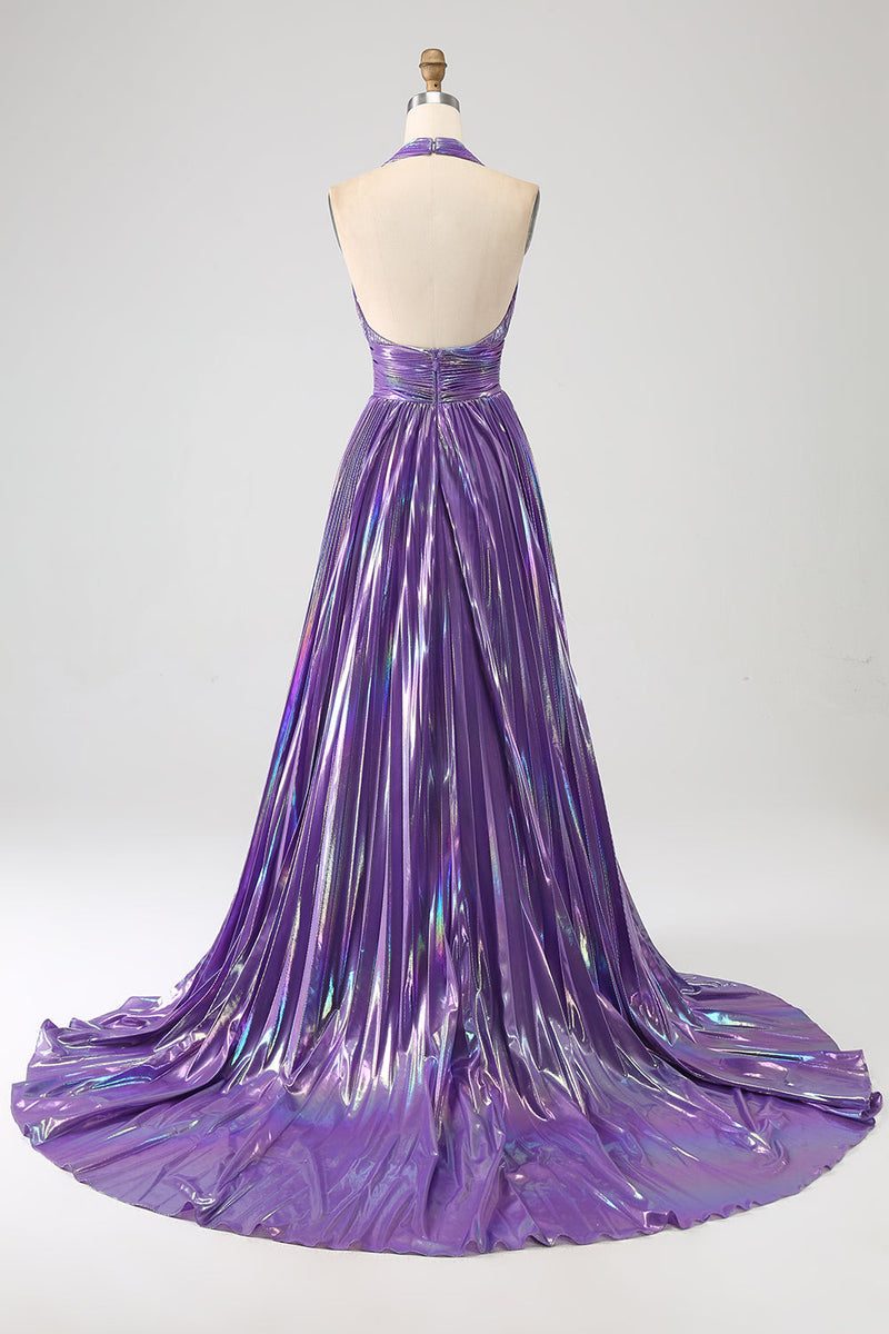 Laden Sie das Bild in den Galerie-Viewer, Glitzerndes, lilafarbenes, plissiertes Metallic-Kleid für den langen Abschlussball mit Schlitz