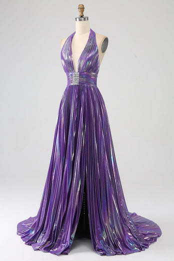 Glitzerndes, lilafarbenes, plissiertes Metallic-Kleid für den langen Abschlussball mit Schlitz