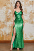 Laden Sie das Bild in den Galerie-Viewer, Glitzerndes Meerjungfrauengrünes Pailletten-Kleid für den Abschlussball mit Schlitz vorne