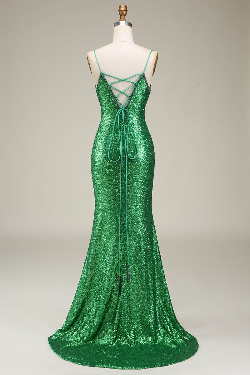 Laden Sie das Bild in den Galerie-Viewer, Glitzerndes Meerjungfrauen-Spaghettiträger-Kleid mit grünen Pailletten und langem Ballkleid mit Schlitz vorne