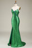 Laden Sie das Bild in den Galerie-Viewer, Glitzerndes Meerjungfrauen-Spaghettiträger-Kleid mit grünen Pailletten und langem Ballkleid mit Schlitz vorne