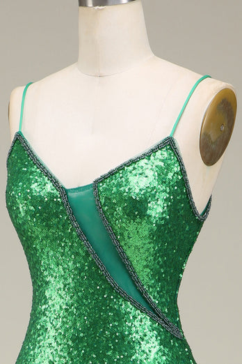 Glitzerndes Meerjungfrauen-Spaghettiträger-Kleid mit grünen Pailletten und langem Ballkleid mit Schlitz vorne