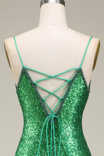 Glitzerndes Meerjungfrauen-Spaghettiträger-Kleid mit grünen Pailletten und langem Ballkleid mit Schlitz vorne