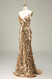 Glitzerndes goldenes Meerjungfrauen-Pailletten-Ballkleid mit Schlitz