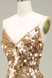 Glitzerndes goldenes Meerjungfrauen-Pailletten-Ballkleid mit Schlitz