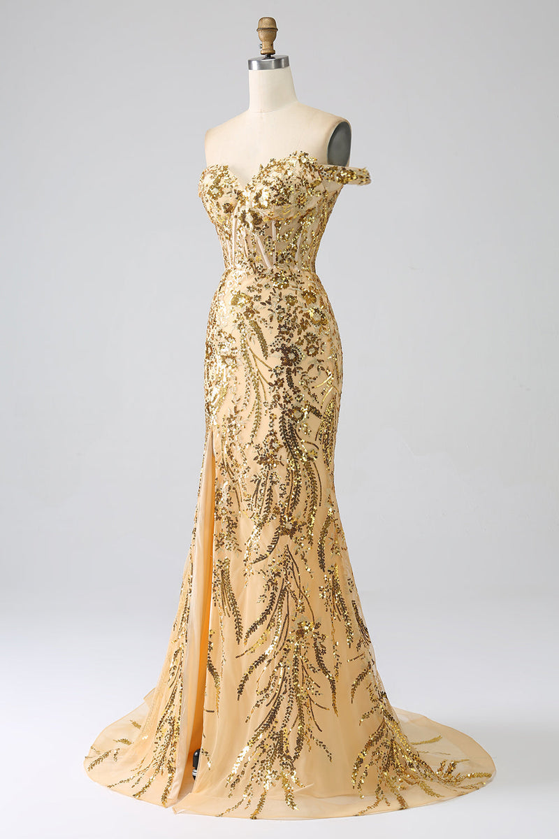 Laden Sie das Bild in den Galerie-Viewer, Glitzernde Meerjungfrau schulterfreies goldenes Korsett-Ballkleid mit Schlitz