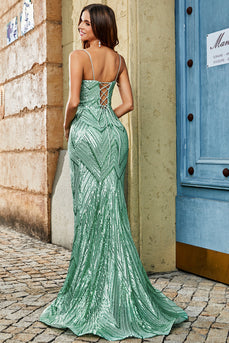 Trendiges Meerjungfrauen-Spaghettiträger-Kleid Grünes langes Ballkleid mit kreuz und quer gekreuztem Rücken
