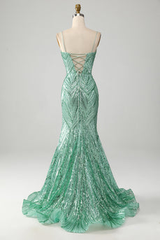 Glitzerndes grünes Pailletten-Kleid mit Schnürrücken und langer Meerjungfrau für den Abschlussball mit Schlitz
