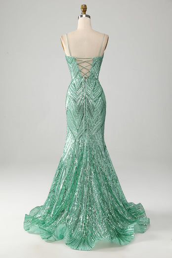 Glitzerndes grünes Pailletten-Kleid mit Schnürrücken und langer Meerjungfrau für den Abschlussball mit Schlitz