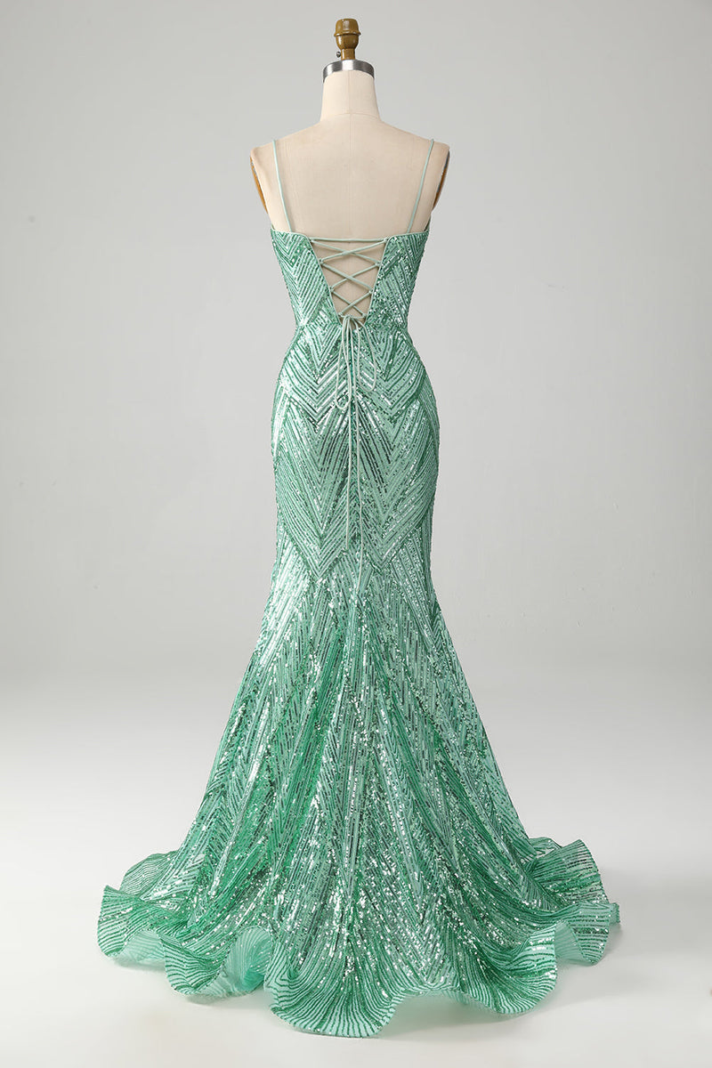 Laden Sie das Bild in den Galerie-Viewer, Glitzerndes grünes Pailletten-Kleid mit Schnürrücken und langer Meerjungfrau für den Abschlussball mit Schlitz