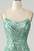 Laden Sie das Bild in den Galerie-Viewer, Glitzerndes grünes Pailletten-Kleid mit Schnürrücken und langer Meerjungfrau für den Abschlussball mit Schlitz