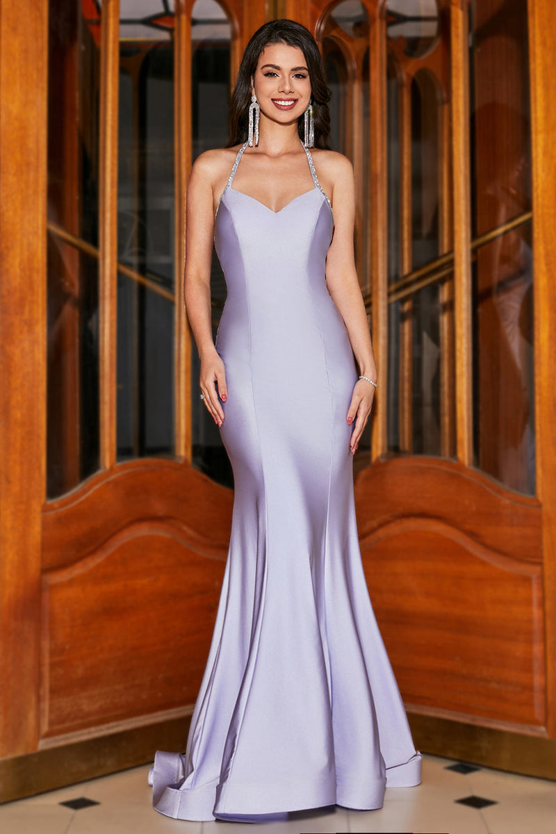 Laden Sie das Bild in den Galerie-Viewer, Fliederfarbenes Meerjungfrauen-Neckholder-Kleid mit rückenfreiem langem Abschlussball
